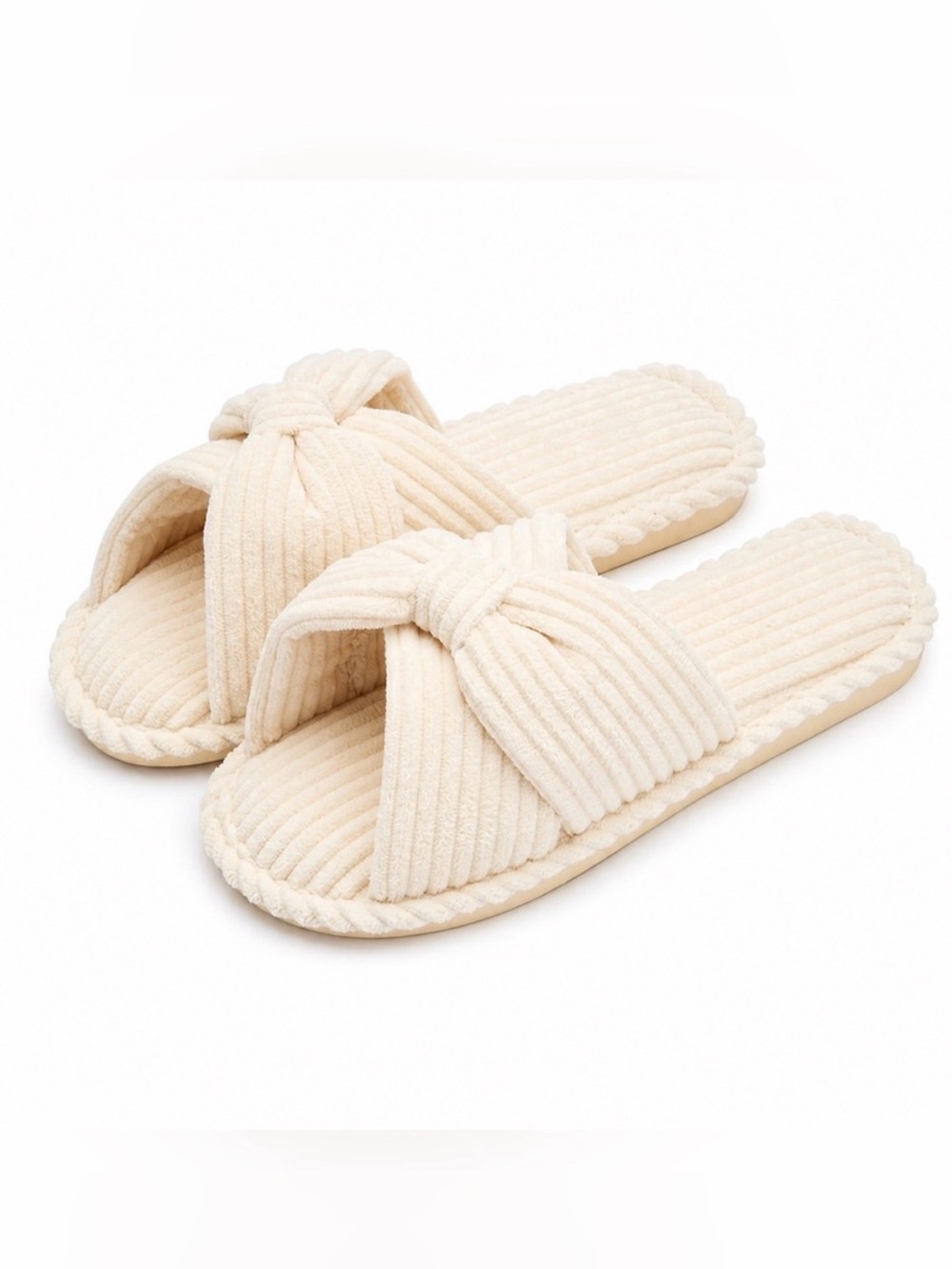 Chantomoo Corduroy Slippers Women’s Size 7/8 Cream Cross Band House Slides NIB